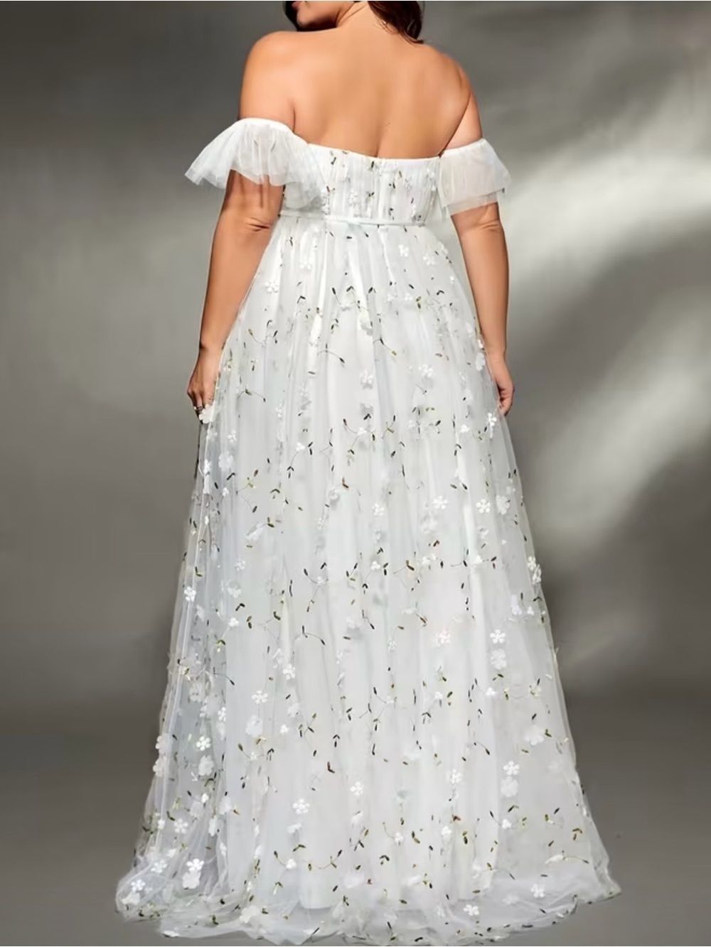 Off-Shoulder White Floral Tulle Dress - 2X - Picture 3 of 3